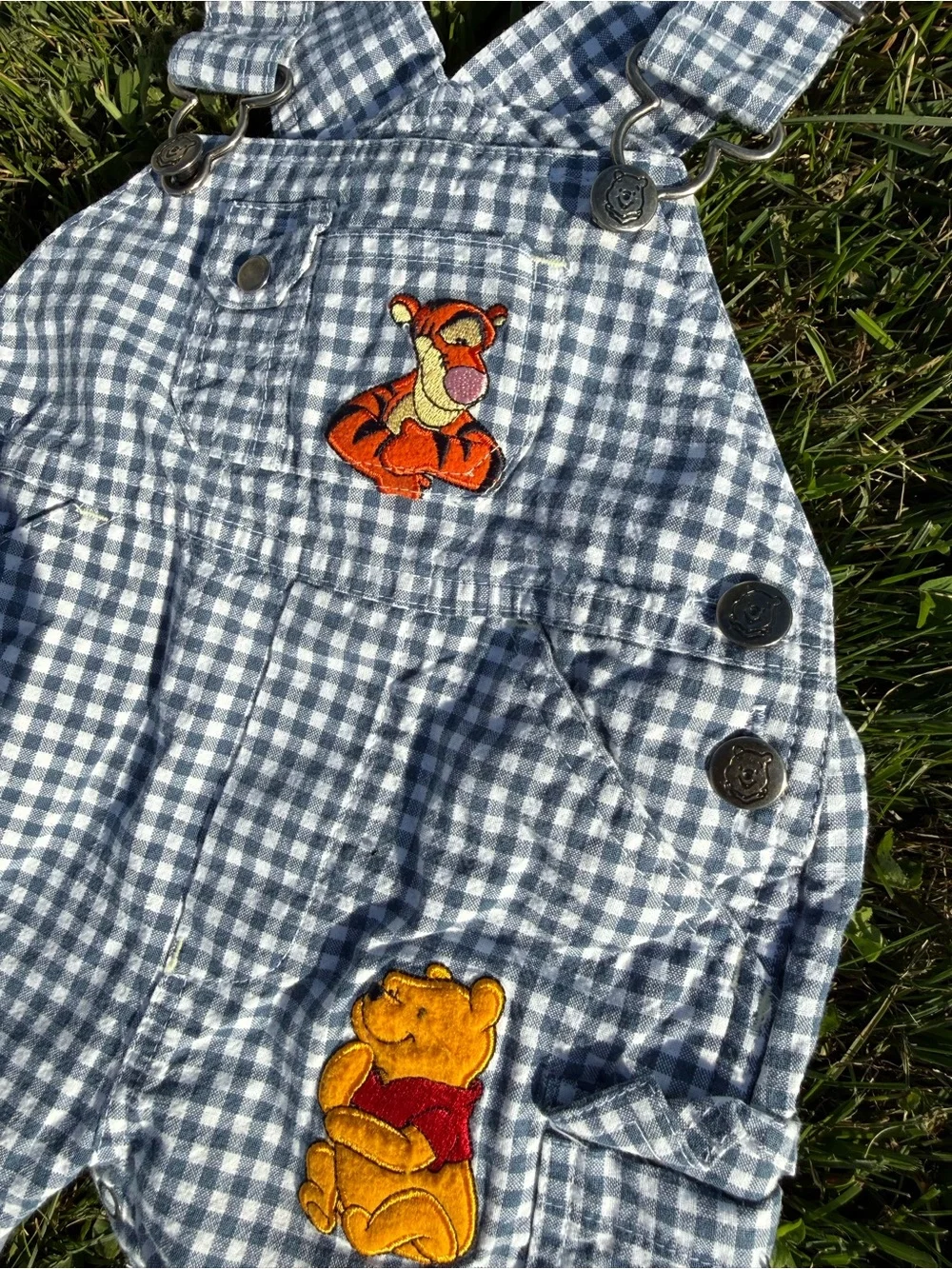 Vintage/ Y2K Blue Gingham Kids Overalls with Winnie the Pooh & Tigger Patches